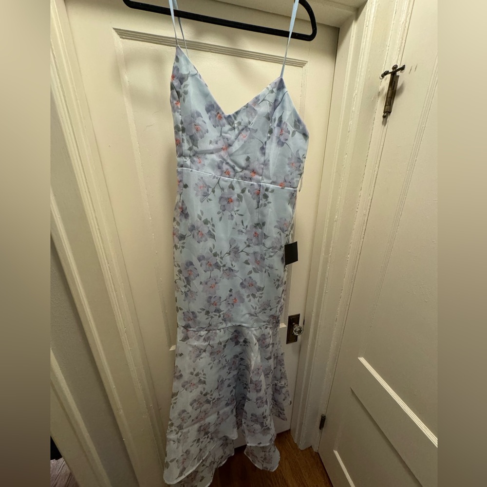 Lulus Pure Splendor Light Blue Floral Organza Trumpet Maxi Dress